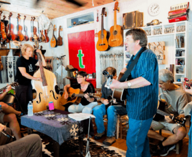 A jam session at Tom's Fiddle and Bow.